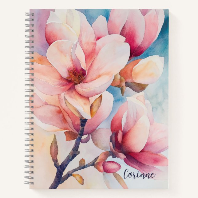 Carnet Votre nom Élégant Magnolia Rose Fleurs (Devant)