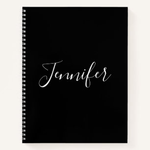 Carnet Votre nom   Élégant script blanc sur noir