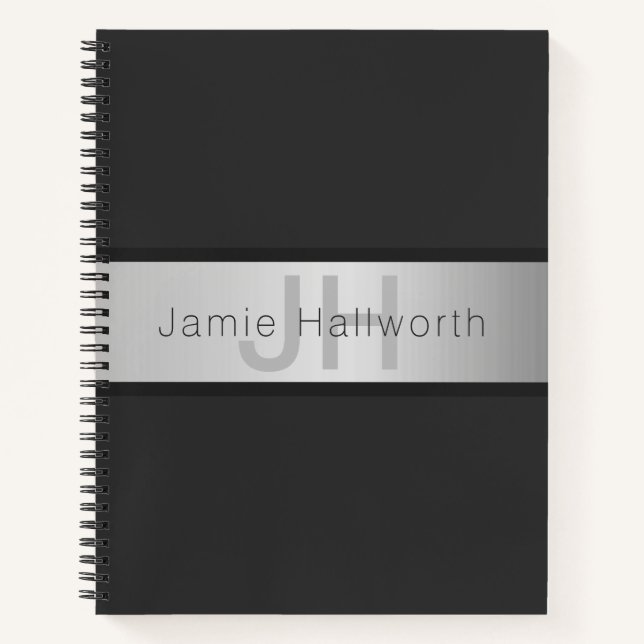 Carnet Votre nom et monogramme | Gris et aspect argent fa (Devant)