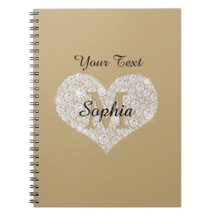Carnet Votre texte, Coeur Diamant, Monogramme Or, Nom