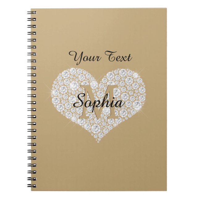 Carnet Votre texte, Coeur Diamant, Monogramme Or, Nom (Devant)
