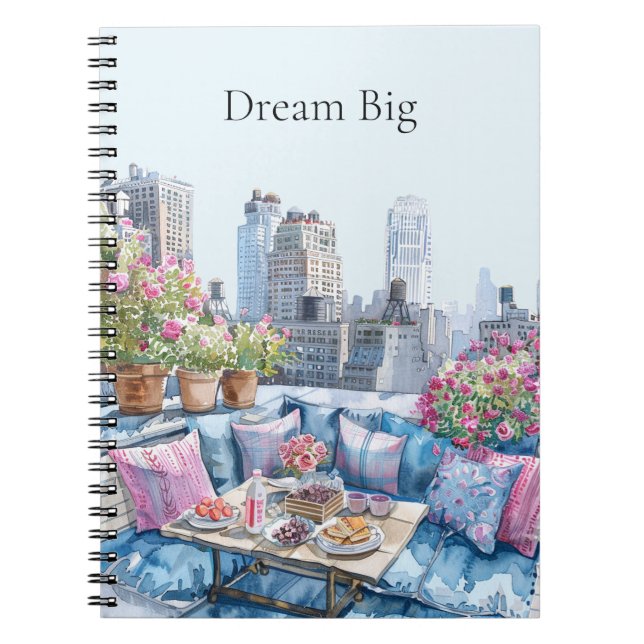 Carnet Vue de ville rose bleue chic estivale (Devant)