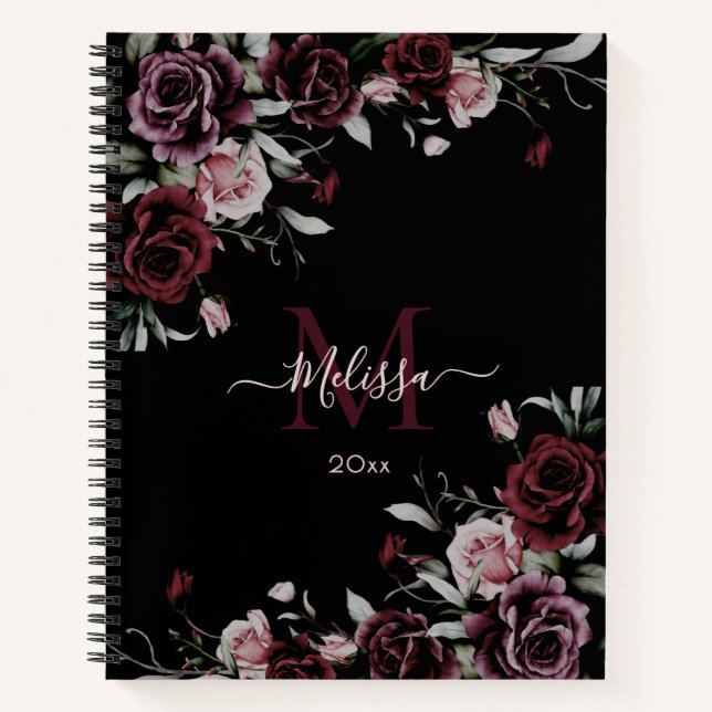 Carnet Watercolor Dark Moody Roses Monogram Black (Devant)