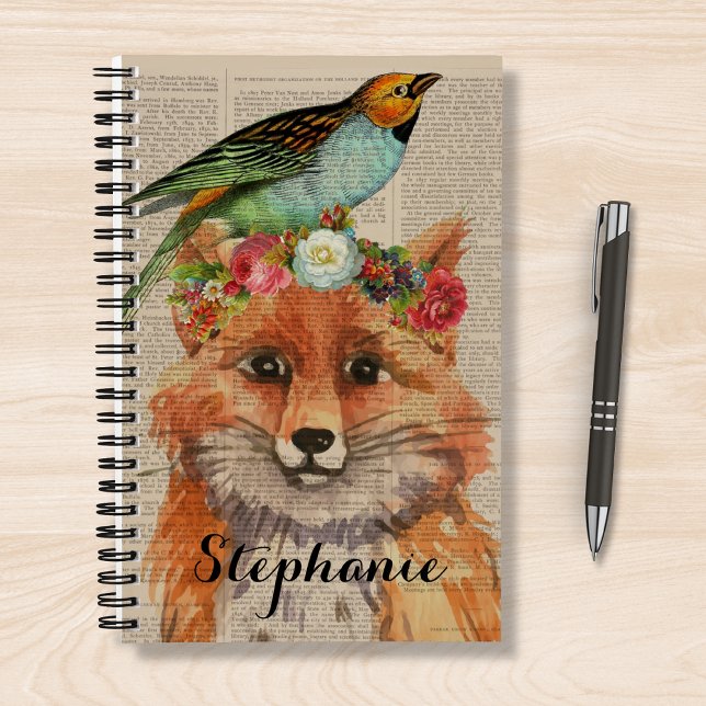 Carnet Watercolor Fox Floral Collage Nom personnalisé (Créateur téléchargé)