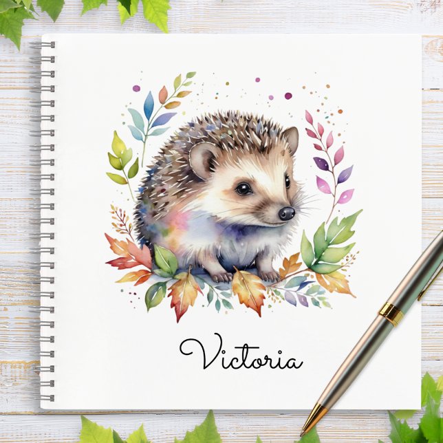 Carnet Watercolor Hedgehog Woodland Animal Personalized (A spiral-bound notebook with cover illustration of a hedgehog and leaves in a watercolor style)