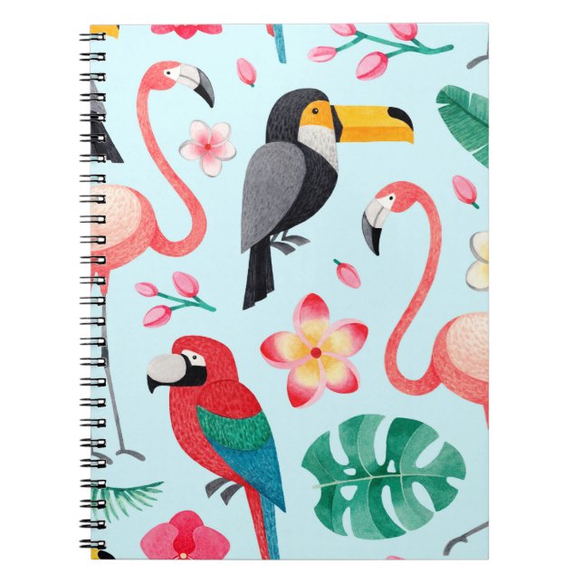 Carnet Watercolor illustrations of birds, tropical flower (Devant)
