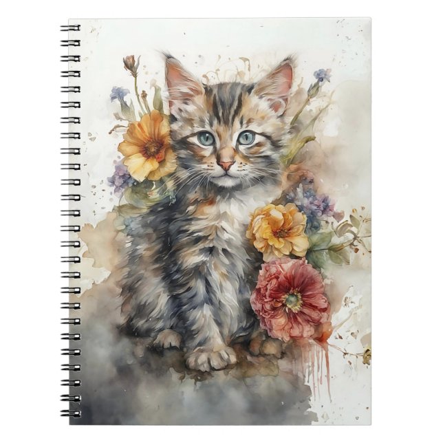 Carnet Watercolor Kitten with Wildflowers Spiral  (Devant)