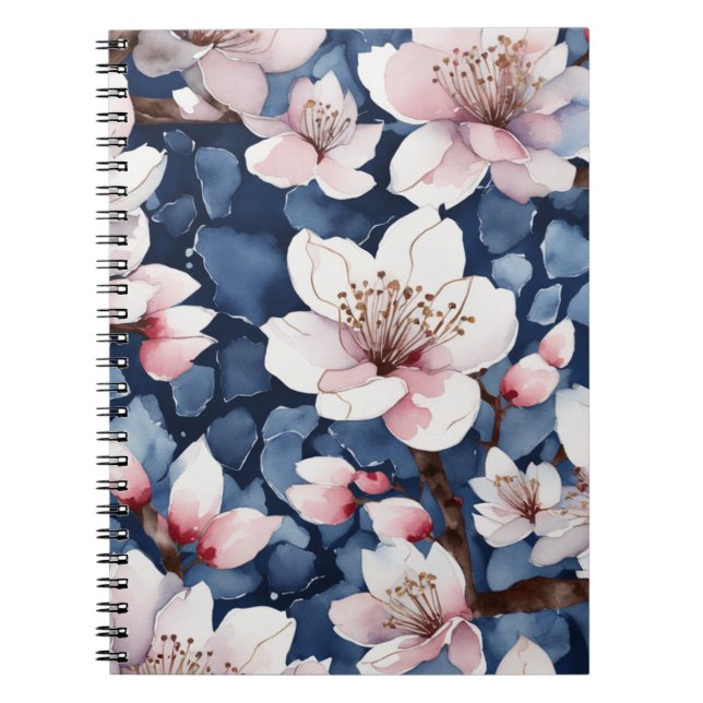 Carnet Watercolor Sakura Floral Navy Blue Elegant Spiral  (Devant)