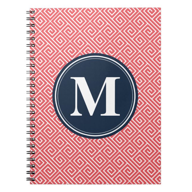 Carnet Watermelon Pink Greek Key Pattern Navy Monogram (Devant)