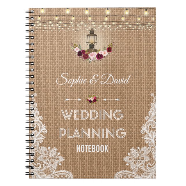 Carnet Wedding planner à cordes de Burlap de dentelle rus (Devant)