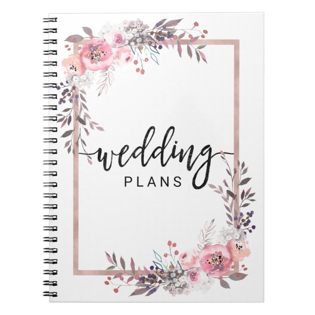 Carnet Wedding planner floral à cadre bleu et Rose or (Devant)