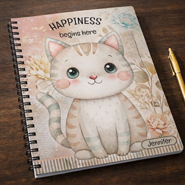 Carnet Whimsical Floral Cat Personalized (Notebook featuring an adorable cat illustration on soft botanicals and flowers in warm pastel colors)