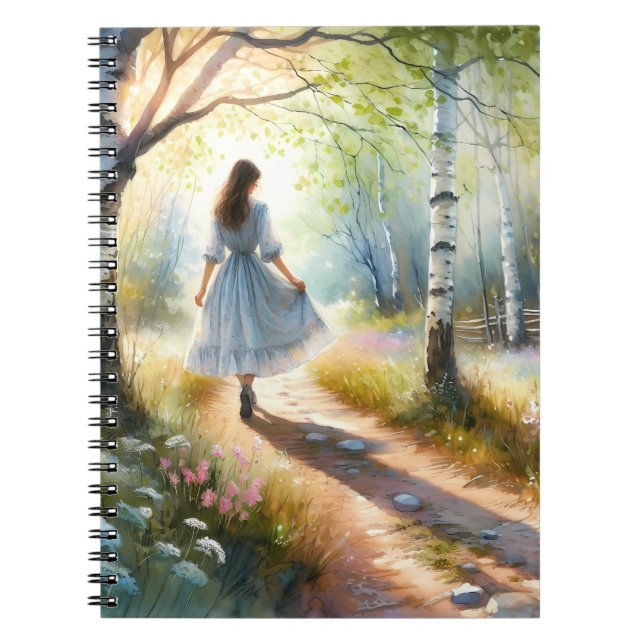 Carnet Whimsical Girl Dancing Through Birch Forest (Devant)