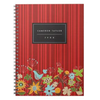 Carnet Whimsical Red Floral Garden & Bird Custom Notebook