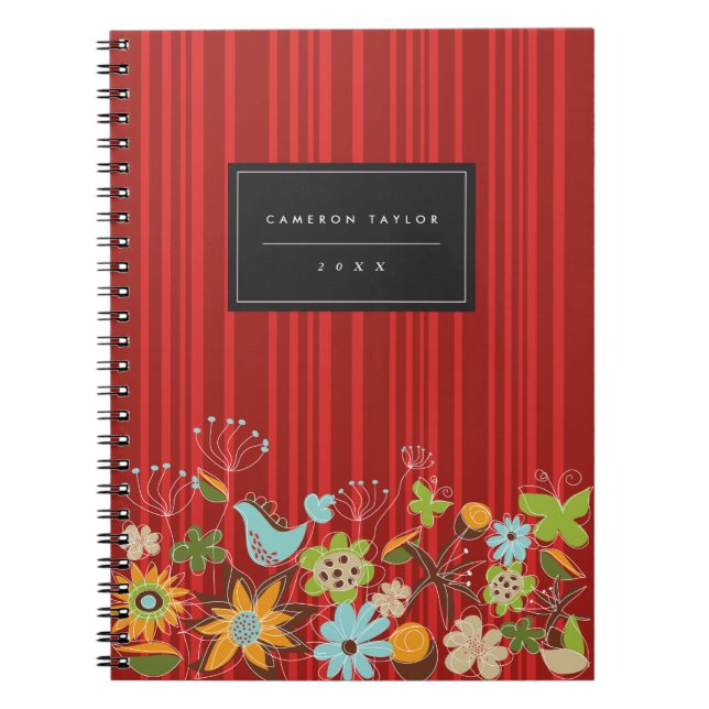 Carnet Whimsical Red Floral Garden & Bird Custom Notebook (Devant)