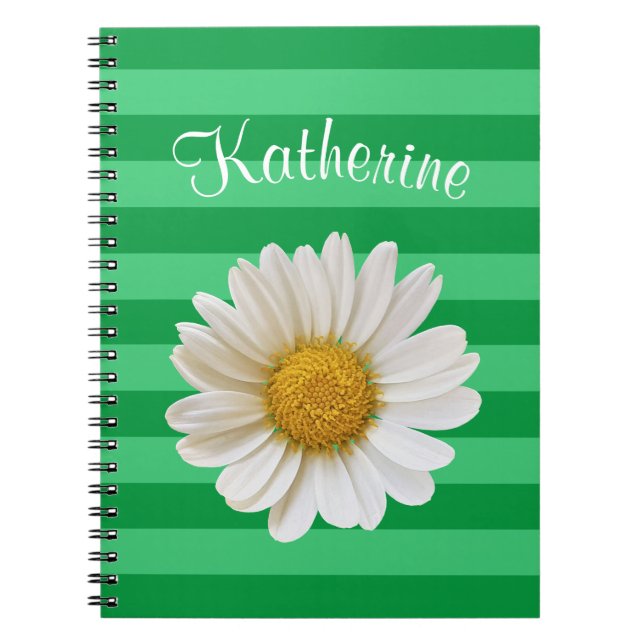 Carnet White Daisy Green Stried Nom personnalisé (Devant)