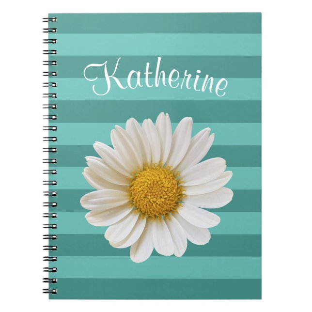 Carnet White Daisy Teal Striped Custom Name (Devant)