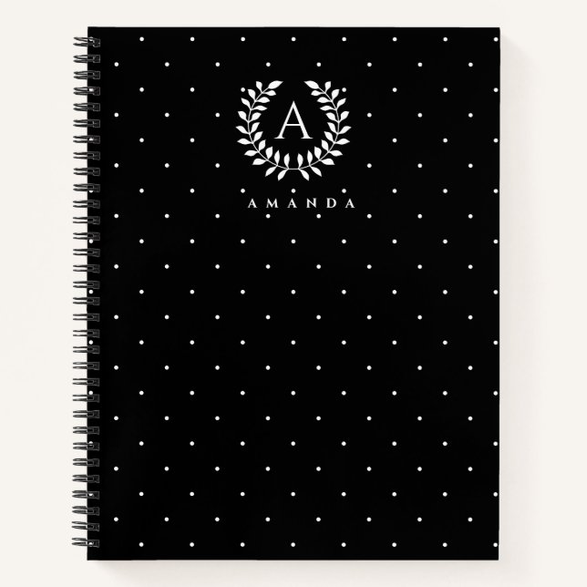 Carnet White On Black Laurel Monogram Polka Dot Pattern (Devant)