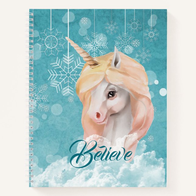 Carnet White Unicorn Turquoise Snowflake Croire (Devant)