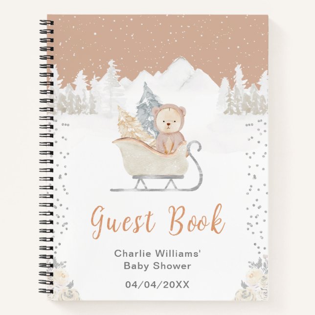 Carnet Winter Bear Brown Sleigh Baby shower d'invité Livr (Devant)