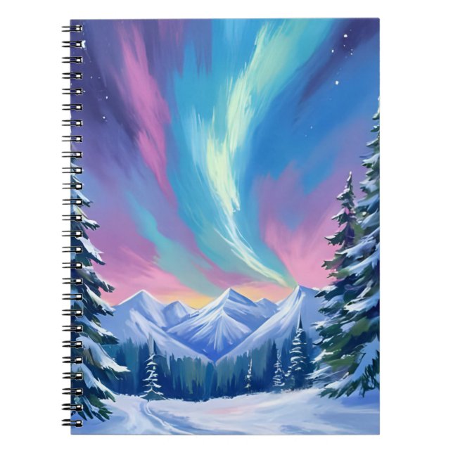 Carnet Winter Night Northern Lights Watercolor Mountain (Devant)