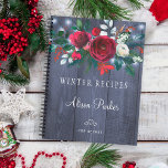 Carnet Winter red floral bouquet rustic navy barn recipes<br><div class="desc">Elegant winter recipes notebook featuring beautiful red burgundy and white peonies bouquets with seasonal pine green fir branches, red berries, and foliage over a dark navy blue barn wood like background with string lights. This recipe book can be a beautiful cookbook for your own family or a keepsake personalized gift...</div>