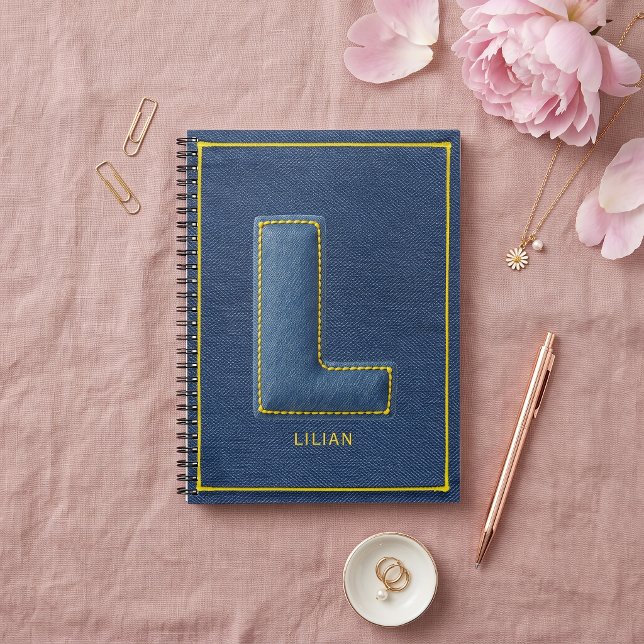 Carnet Y2K Bleu Denim Jaune Couture Monogramme L Initiale (Créateur téléchargé)