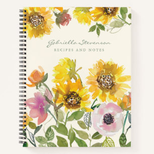 Carnet Yellow Sunflower Floral Aquarelle Recette personna
