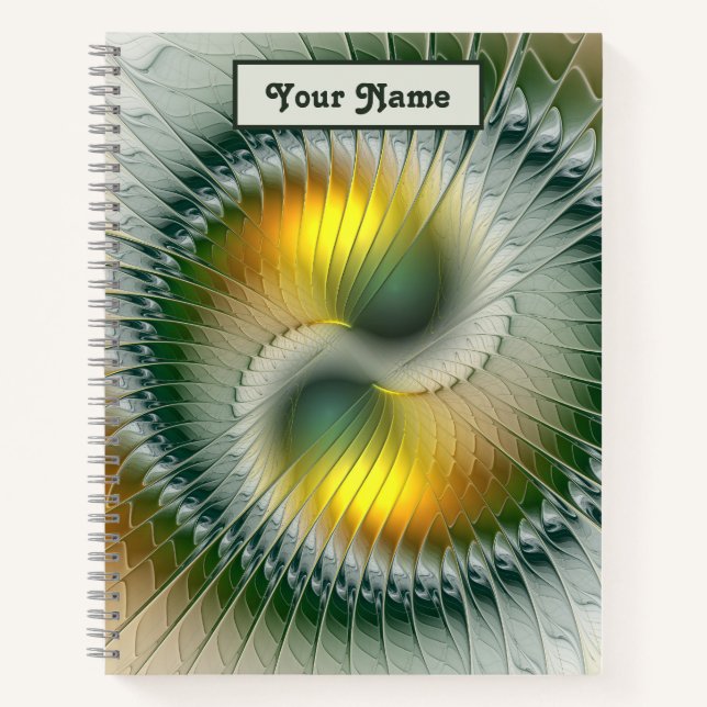 Carnet Yin Yang Vert Jaune Abstrait Fractal Nom propre (Devant)