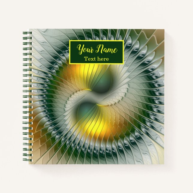 Carnet Yin Yang Vert Jaune Abstrait Fractal Propre Nom (Devant)