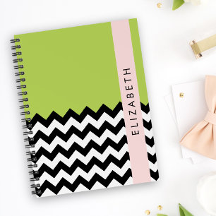 Carnet Zigzag noir et blanc, Chevron, Vert, Votre nom