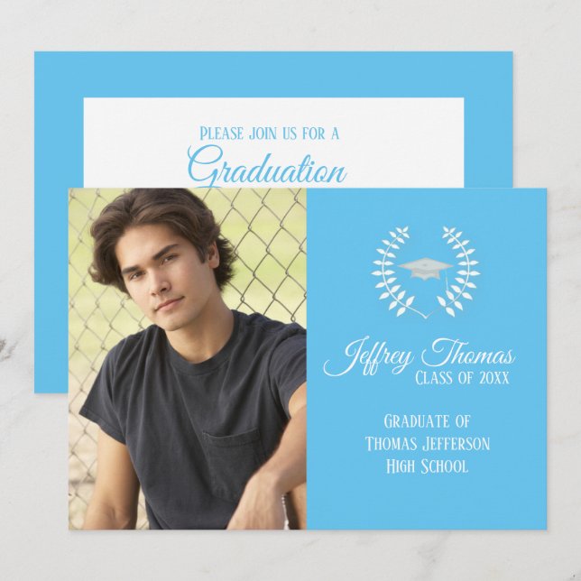 Carolina Blue Casquette & Feuilles Grad Invitation (Devant / Derrière)