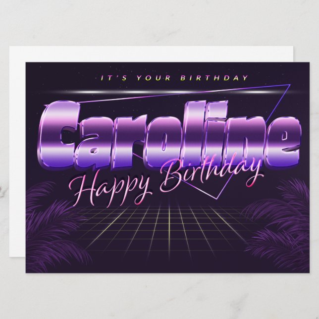 Caroline prénom carte rétro lilas pour anniversair (Devant / Derrière)