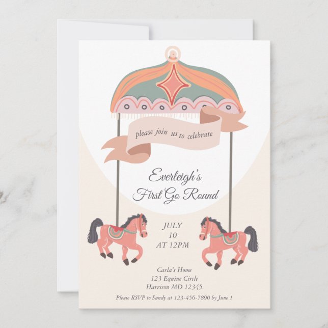 Carousel Horse Go Round First Birthday  Invitation (Devant)