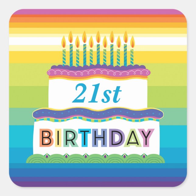 Carré 21e Anniversaire Gâteau Avec Sticker Rainbow Strip (Devant)