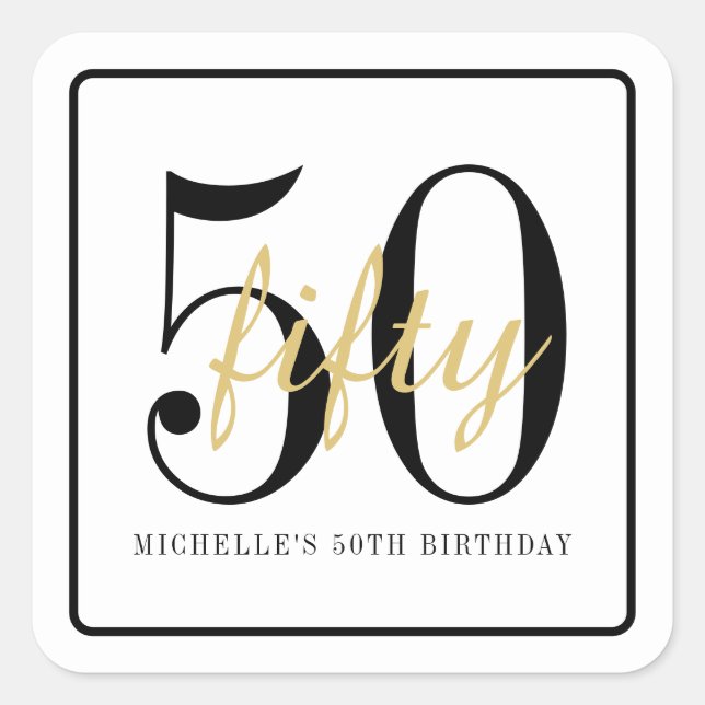 Carré 50th Birthday Party White Black Chic Favor Sticker (Devant)