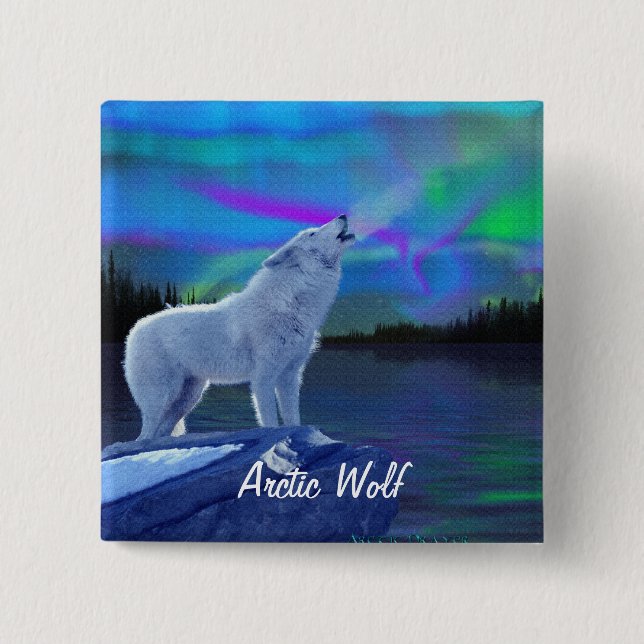 Carré 5 Cm Badge d'art faunique Howling Arctic Wolf & Aurora (Devant)
