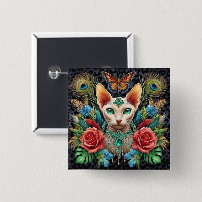 Carré 5 Cm Badge White Sphynx Cat Art (Devant & derrière)