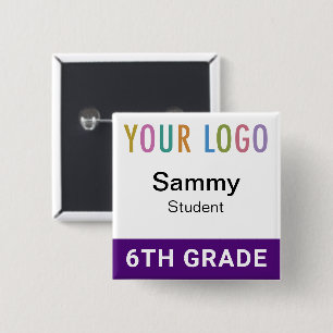 Carré 5 Cm Bouton Badge Élève Violet avec Logo de l'École