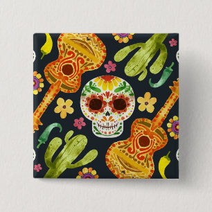 Carré 5 Cm Crâne à sucre et guitares Dia de Muertos   Badge