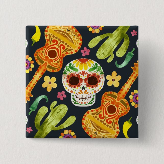 Carré 5 Cm Crâne à sucre et guitares Dia de Muertos | Badge (Devant)