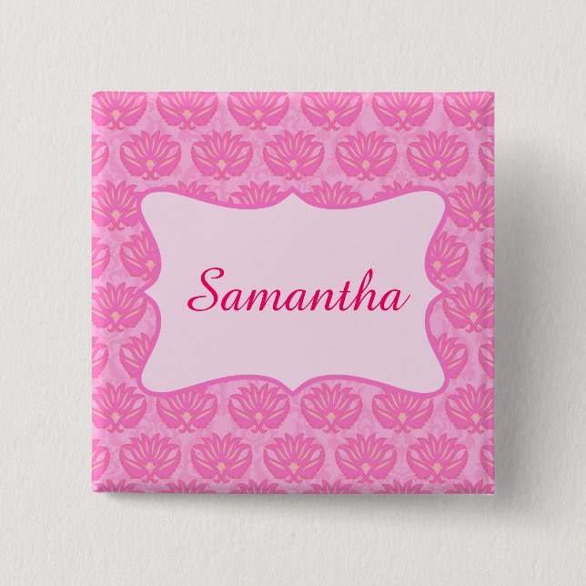 Carré 5 Cm Pink Damask Custom Nom personnalisé Badge (Devant)