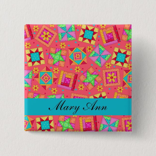 Carré 5 Cm Rouge Turquoise Patchwork Quilt Nom Badge (Devant)