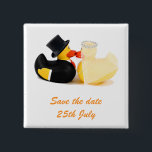 Carré 5 Cm Wedding ducks 2 ... Badge<br><div class="desc">Two cute yellow rubber ducks dressed as a bride and groom. Top hat and tails with pearls. Two kissing ducks Save the Date card with customizable text for your own special message,  names,  save the date or add your own image.</div>