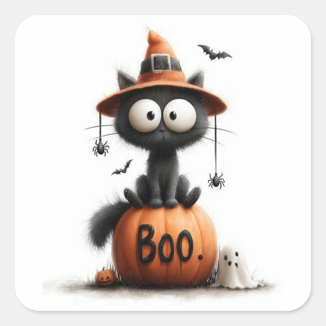 Carré Adorable Black Cat Witch on 'Boo' Pumpkin Sticker (Devant)