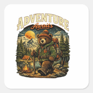 Carré Adventure Awaits Vintage Bear Hiking Sticker