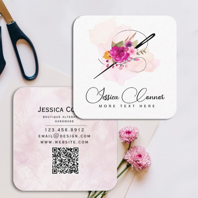 Carré Aiguille aquarelle carte de visite (Watercolor Needle Floral business card #Tailor #elegantdressmakerchic )