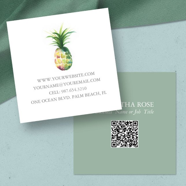 Carré Ananas Modèle carte de visite (Custom business cards feature unique pineapple watercolor art by Victoria Grigaliunas)