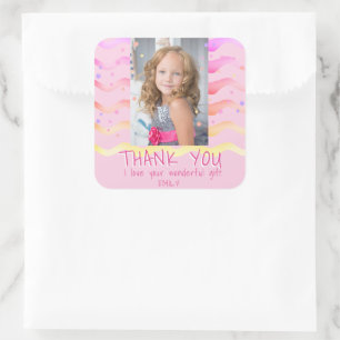Carré Anniversaire Merci Enfants Photo Sticker Rose Girl