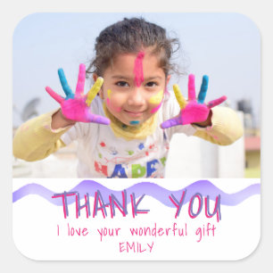 Carré Anniversaire Merci Enfants Photo Sticker Rose Girl